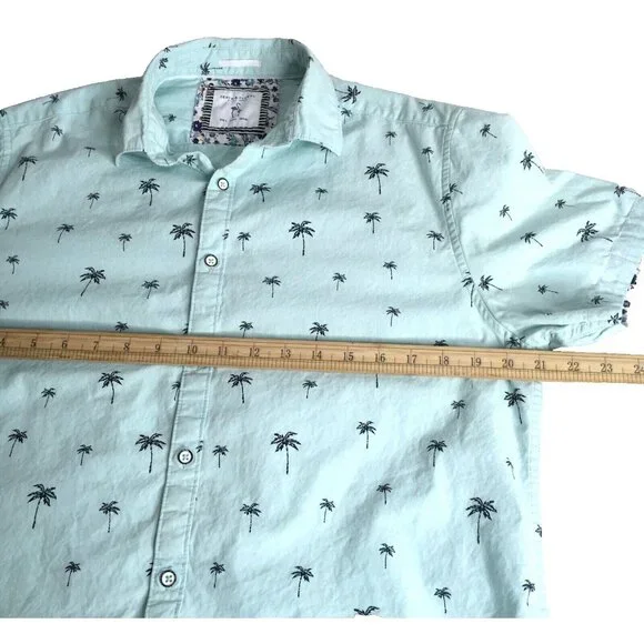 Denim & Flower Mens L Short Sleeve Button Down Shirt Baby Blue Palm Tree Print - Picture 8 of 13